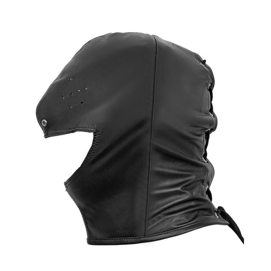 Leather Open Chin BDSM Submissive Mask Hood – Bondage Fetish Hood with Pinholes Eyes for Role Play & Restraint Play
