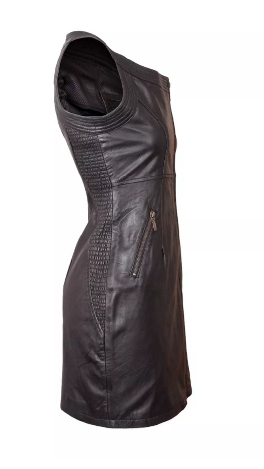 Women's Black Genuine Leather Midi Dress – Sexy Sleeveless Party Clubwear