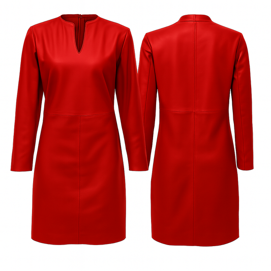 GENUINE REAL LEATHER LADIES WOMAN LONG SLEEVE PARTY RED YELLOW BROWN GREEN DRESS