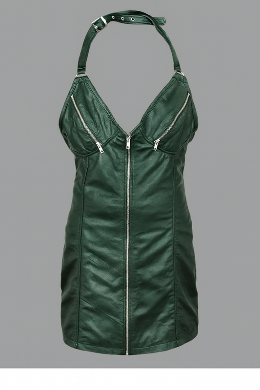 GENUINE LEATHER ZIPPER CUPS LADIES WOMAN SEXY PARTY RED YELLOW BROWN GREEN DRESS