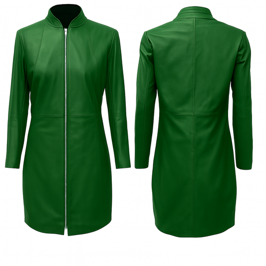 GENUINE LEATHER LADIES WOMAN SEXY PARTY FULL SLEEVE RED YELLOW BROWN GREEN DRESS