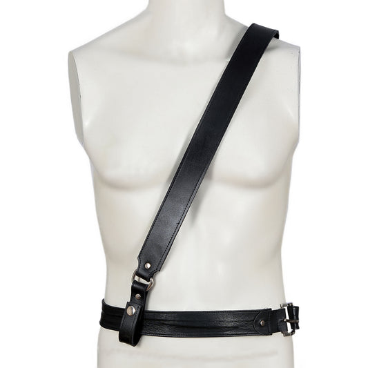 Black Full Grain Cowhide Leather Sam Browne Cross Over Belt – Military Style Shoulder Strap Harness by London Knighthood
