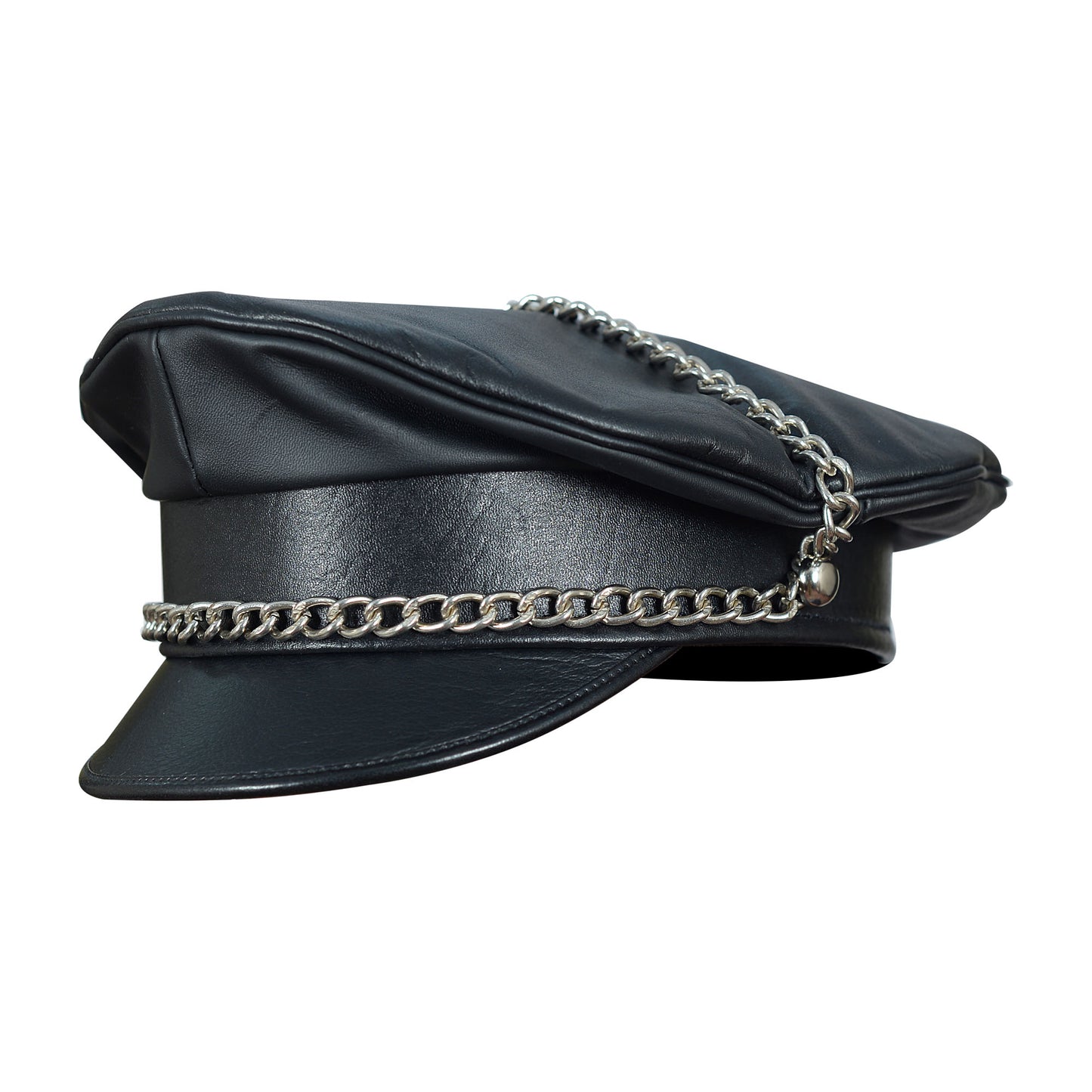 Premium Leather Muir Cap with Silver Chain – Fetish Biker Dom Hat | London Knight Hood