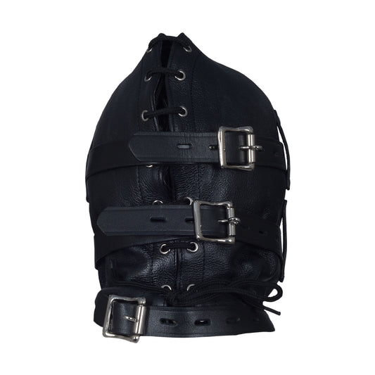 Total Sensory Deprivation Leather Bondage Hood – Full Head BDSM Mask with Padded Blindfold & Gag by London Knighthood