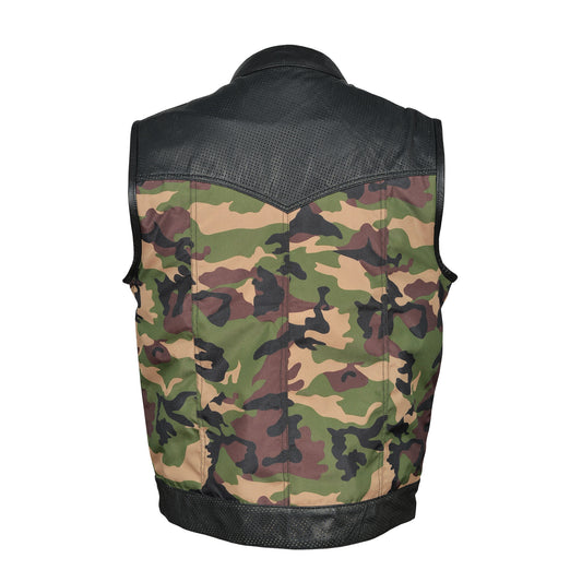 Men’s Leather Camouflage Biker Vest – Camo Motorcycle Club Waistcoat with Snap Front by London Knighthood