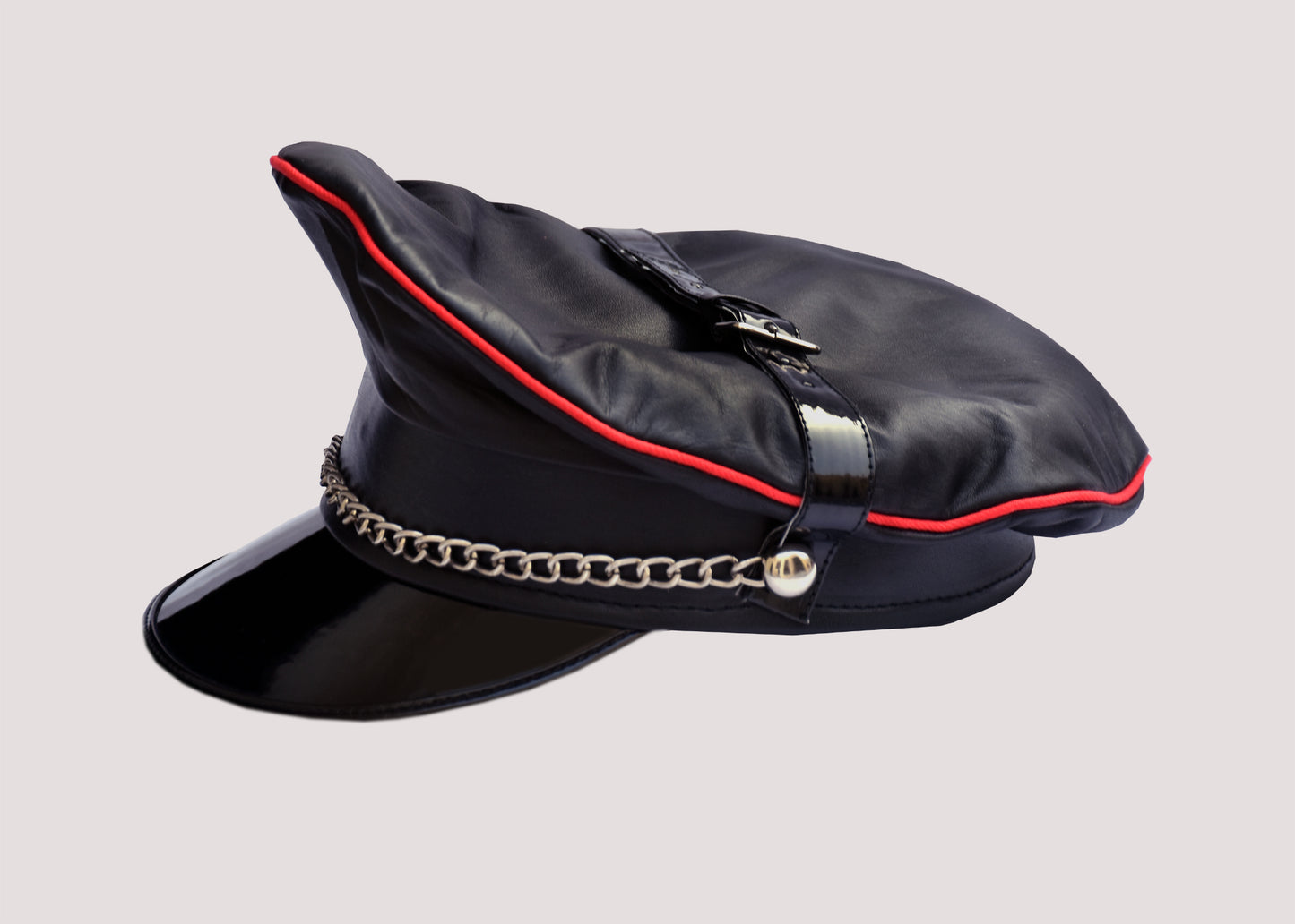 Black Leather Muir Cap with Red Trim & Chin Strap – Army Biker Police BLUF Style Hat