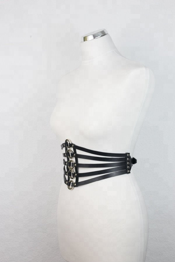 Ladies Genuine Leather Black O-Ring Waist Belt – Steampunk Gothic Fashion Corset Band