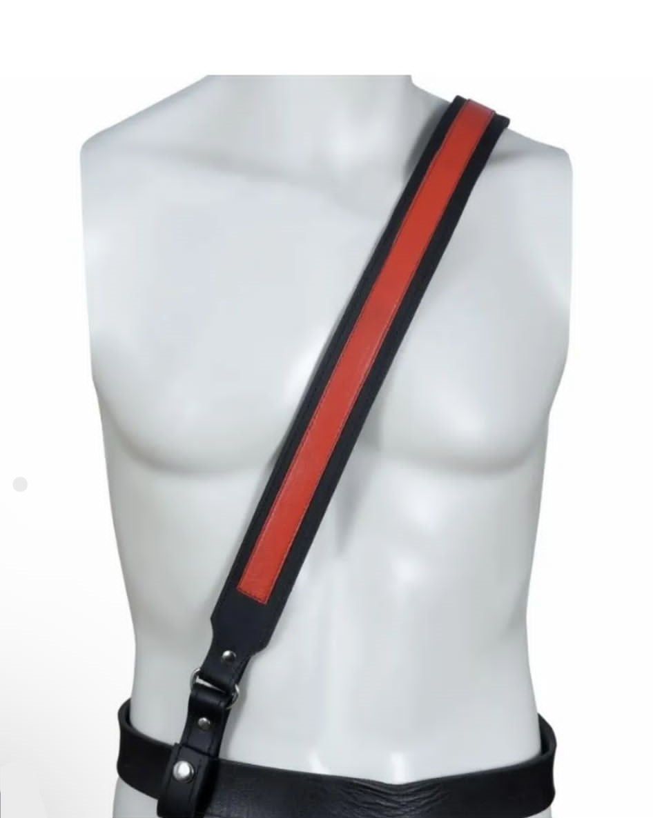 Black and Red Full Grain Cowhide Leather Sam Browne Cross Over Belt Strap – Military Style Shoulder and Waist Harness