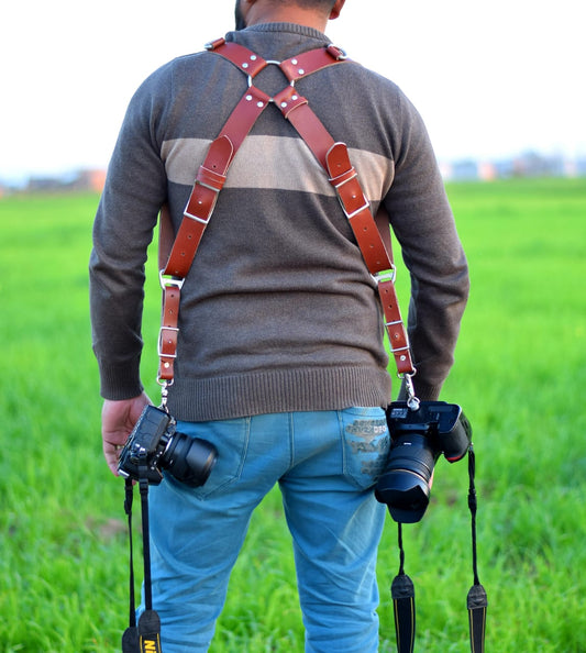 Tan Buffalo Leather Dual Camera Harness Strap – Multi-Camera Shoulder Harness with Metal Rings for DSLR, Mirrorless & Event Photography