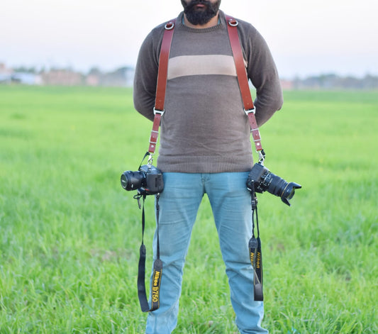 Buffalo Leather Dual Camera Harness Strap – Multi-Camera Shoulder Harness with Metal Rings for DSLR, Mirrorless & Event Photography