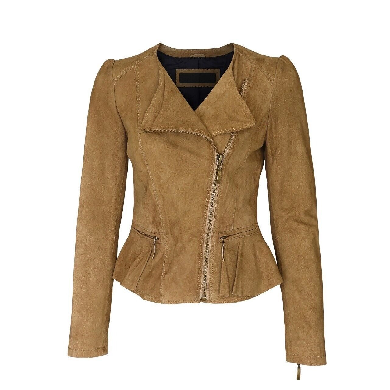 Women’s Brown Suede Leather Biker Jacket – Genuine Real Leather Peplum Frill Short Coat