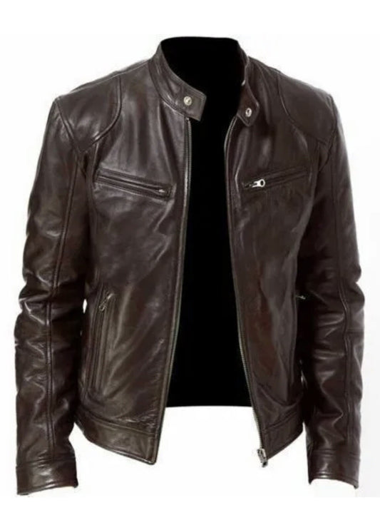 Men’s Genuine Leather Café Racer Jacket – Slim Fit Motorcycle Riding Style