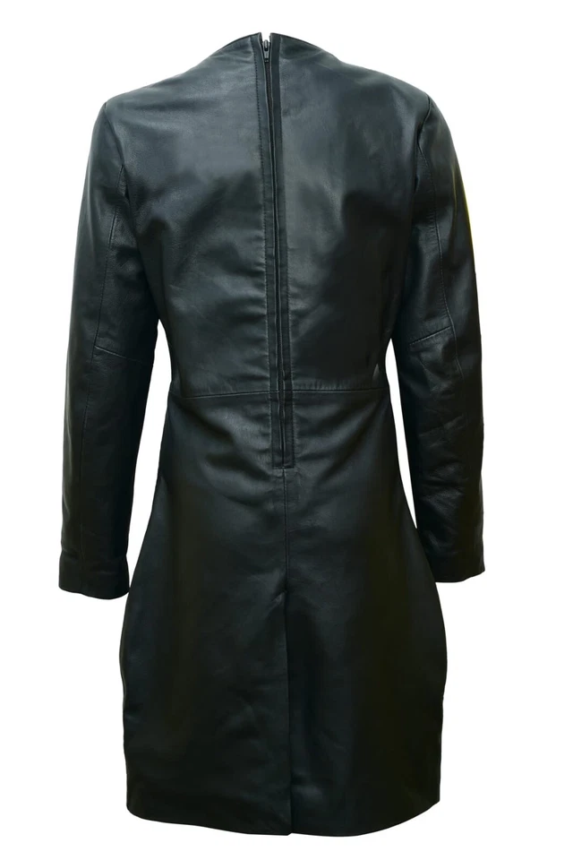 NEW BLACK REAL GENUINE REAL LEATHER LADIES WOMAN PARTY CASUAL LONG SLEEVE DRESS