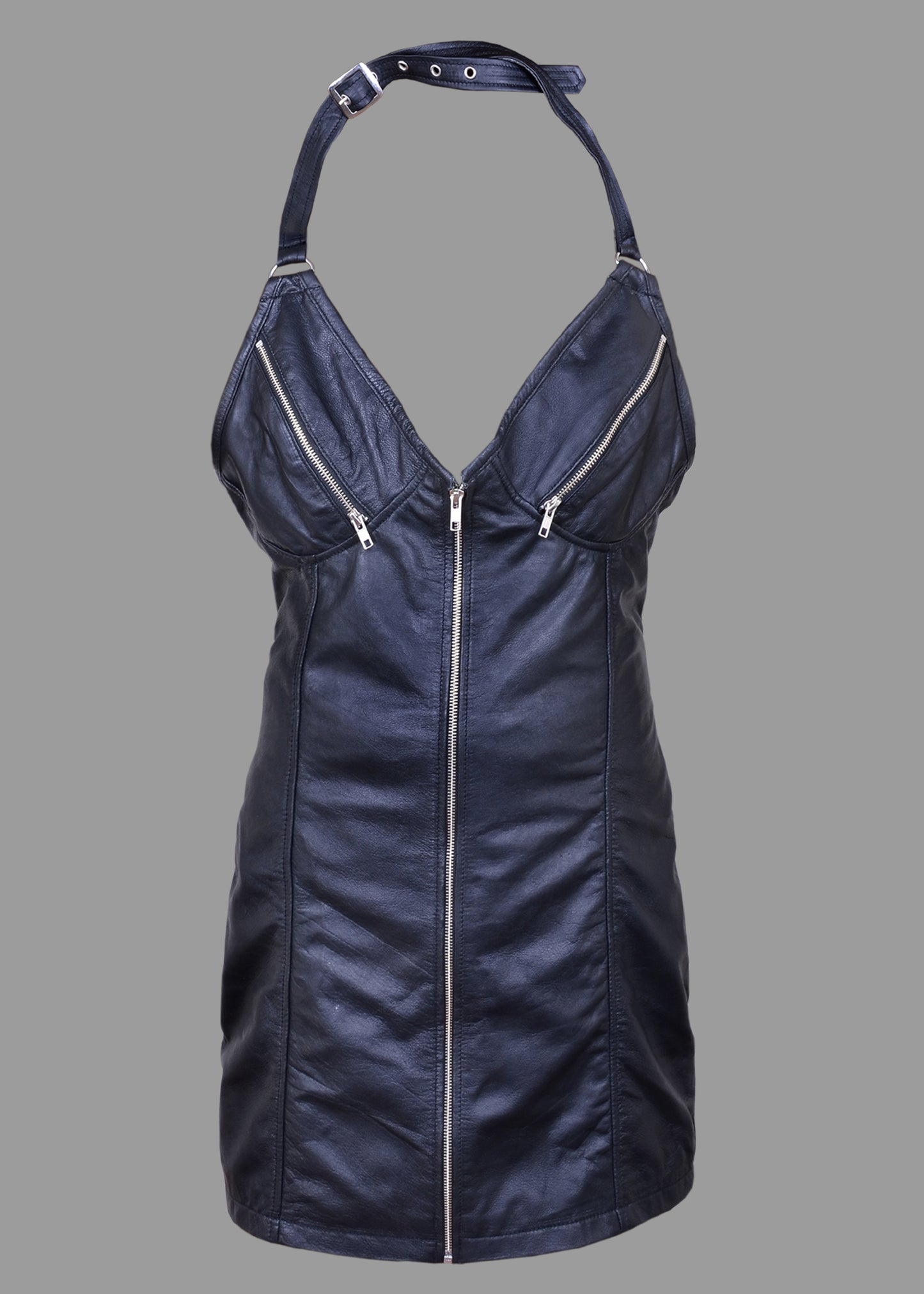 Women's Black Genuine Leather Mini Dress – Sleeveless Zip-Up Fetish Clubwear