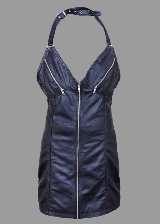 Women's Black Genuine Leather Mini Dress – Sleeveless Zip-Up Fetish Clubwear