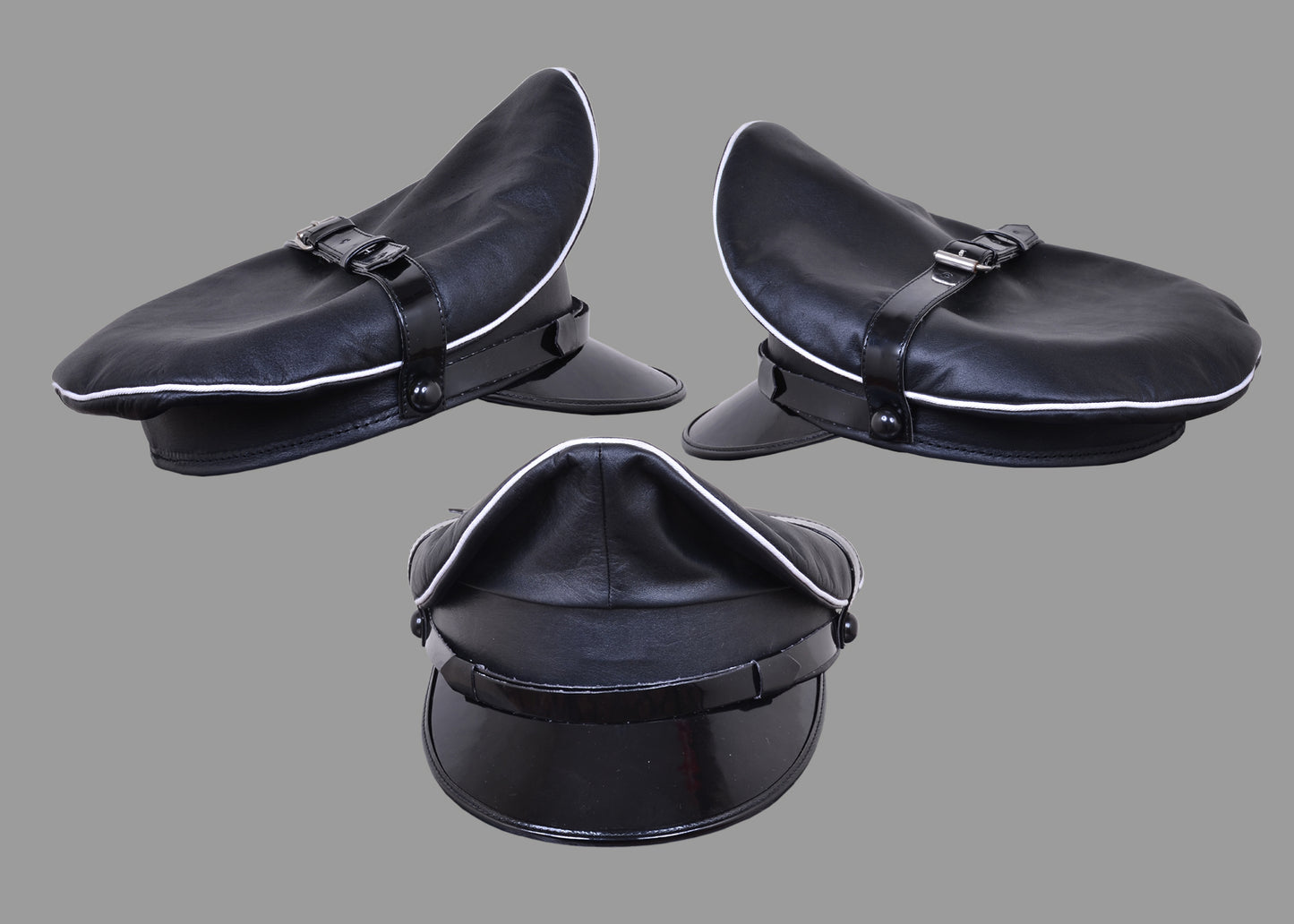 Black Leather Bluf Muir Cap – White Trim Army Police Style Biker Fetish Hat