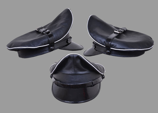 Black Leather Bluf Muir Cap – White Trim Army Police Style Biker Fetish Hat
