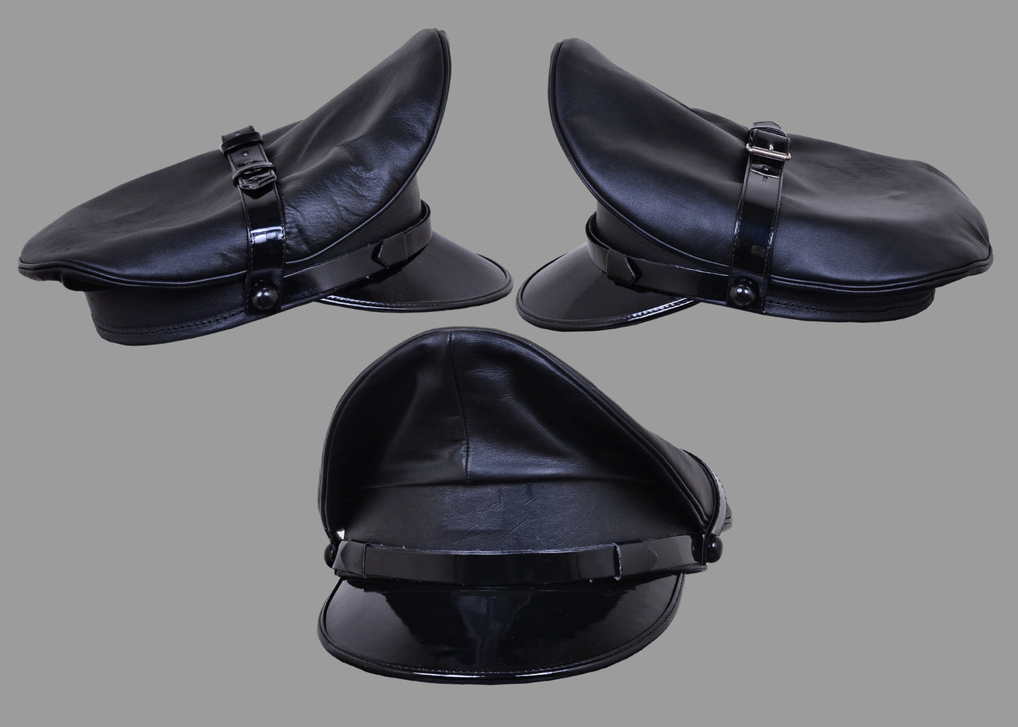 Black Leather Muir Cap – Army Style Peaked Police Biker Fetish Hat for BLUF & Uniform Play