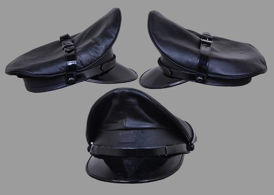 Black Leather Muir Cap – Army Style Peaked Police Biker Fetish Hat for BLUF & Uniform Play