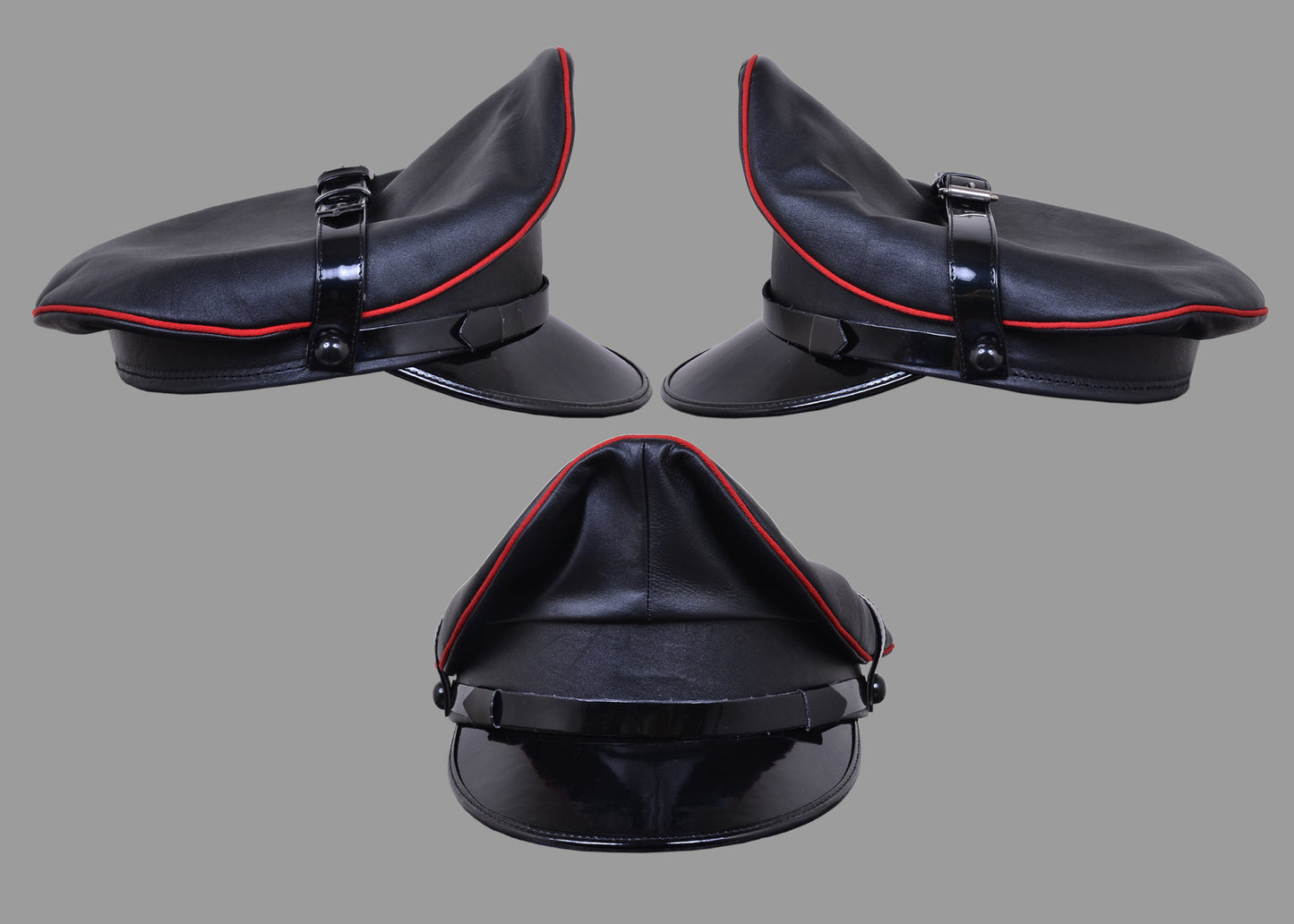 Black Leather Muir Cap with Red Trim – Biker Police Military Style Fetish Hat for BLUF & Uniform Roleplay