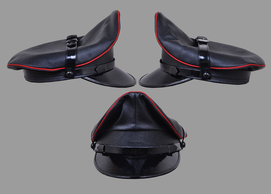 Black Leather Muir Cap with Red Trim – Biker Police Military Style Fetish Hat for BLUF & Uniform Roleplay