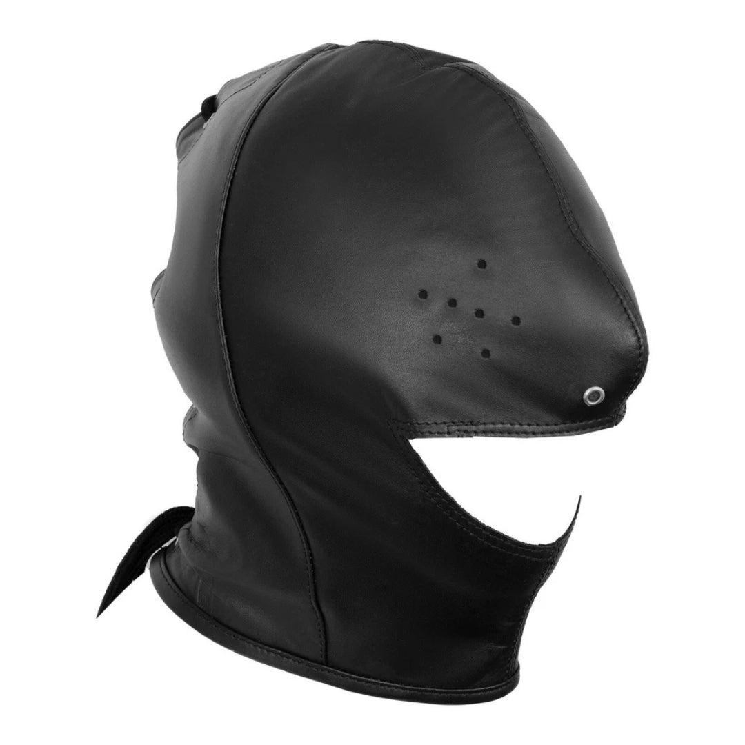 Leather Open Chin BDSM Submissive Mask Hood – Bondage Fetish Hood with Pinholes Eyes for Role Play & Restraint Play