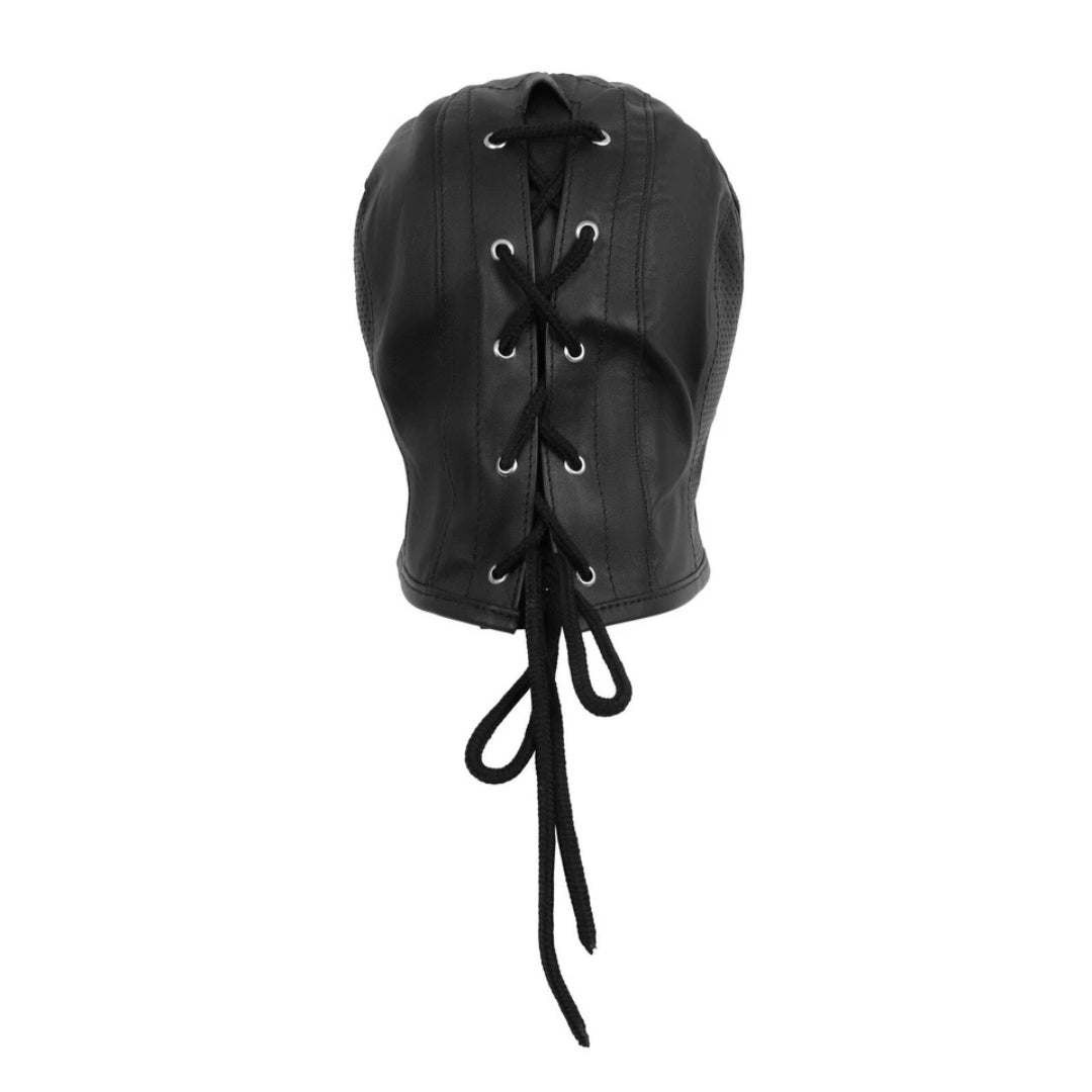 Leather Open Chin BDSM Submissive Mask Hood – Bondage Fetish Hood with Pinholes Eyes for Role Play & Restraint Play