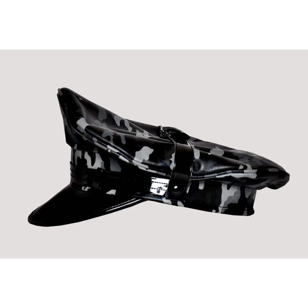 Camouflage Leather Muir Cap – Real Camo Army Biker BLUF Police Style Peaked Fetish Hat