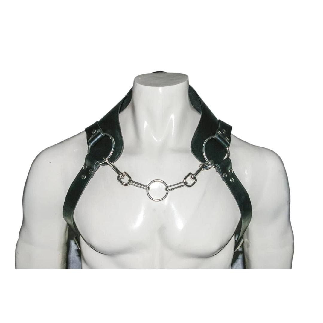 Men’s Black Handmade Genuine Leather BLUF Chest Half Harness with Chain – Fetish Clubwear Gear