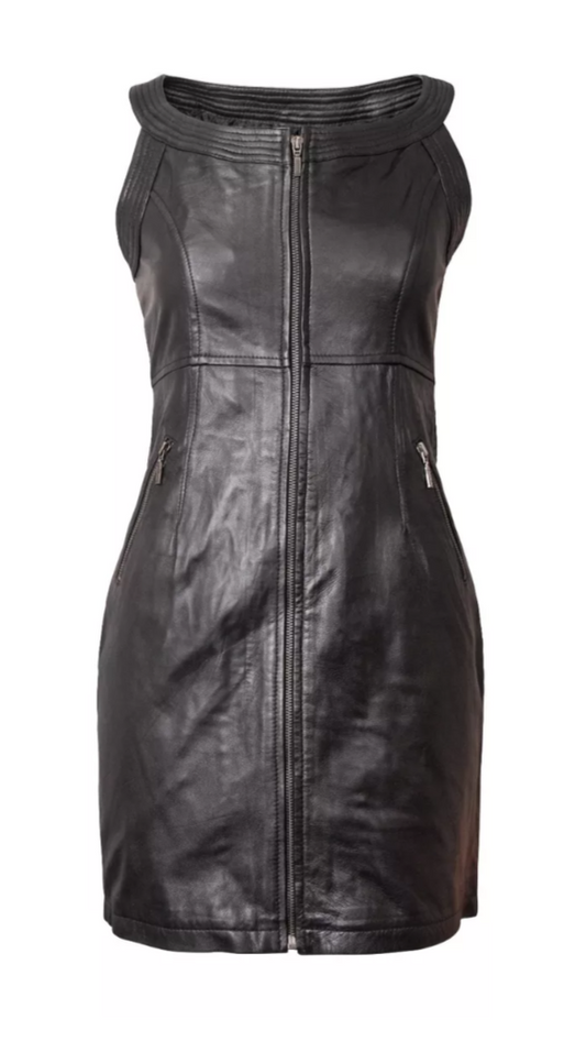 Women's Black Genuine Leather Midi Dress – Sexy Sleeveless Party Clubwear