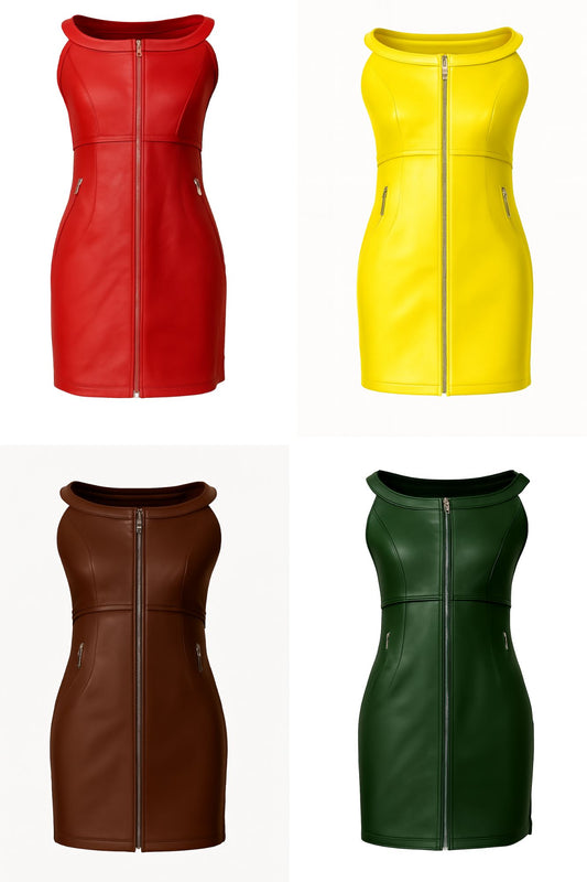 GENUINE REAL LEATHER LADIES WOMAN SEXY PARTY RED YELLOW BROWN GREEN DRESS