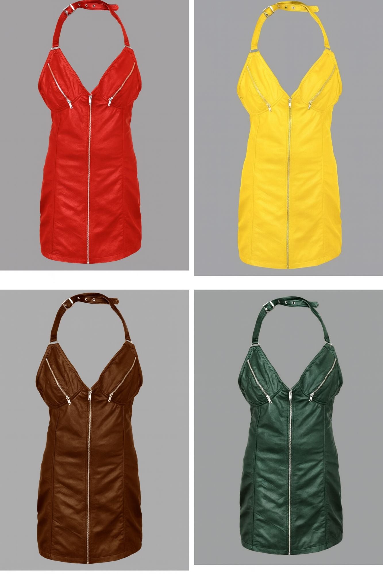 GENUINE LEATHER ZIPPER CUPS LADIES WOMAN SEXY PARTY RED YELLOW BROWN GREEN DRESS