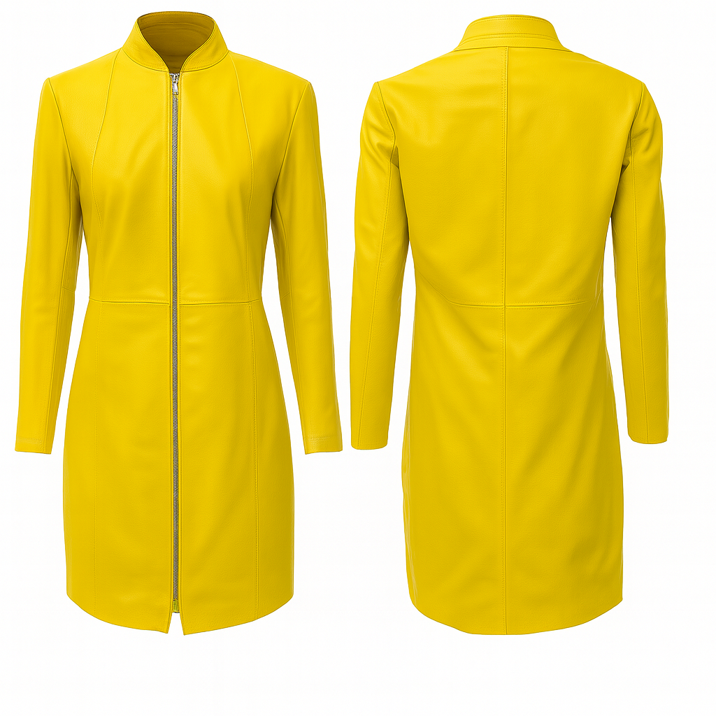 GENUINE LEATHER LADIES WOMAN SEXY PARTY FULL SLEEVE RED YELLOW BROWN GREEN DRESS