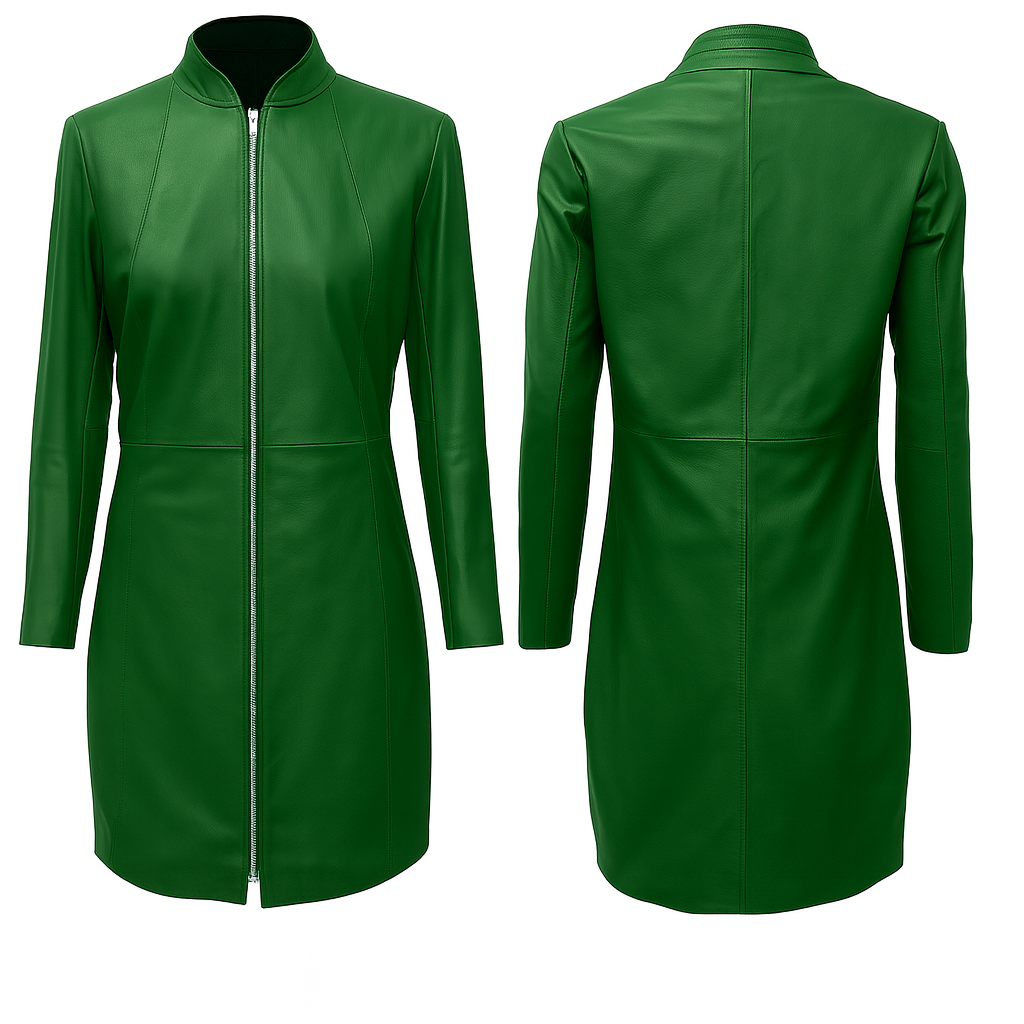 GENUINE LEATHER LADIES WOMAN SEXY PARTY FULL SLEEVE RED YELLOW BROWN GREEN DRESS