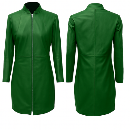 GENUINE LEATHER LADIES WOMAN SEXY PARTY FULL SLEEVE RED YELLOW BROWN GREEN DRESS
