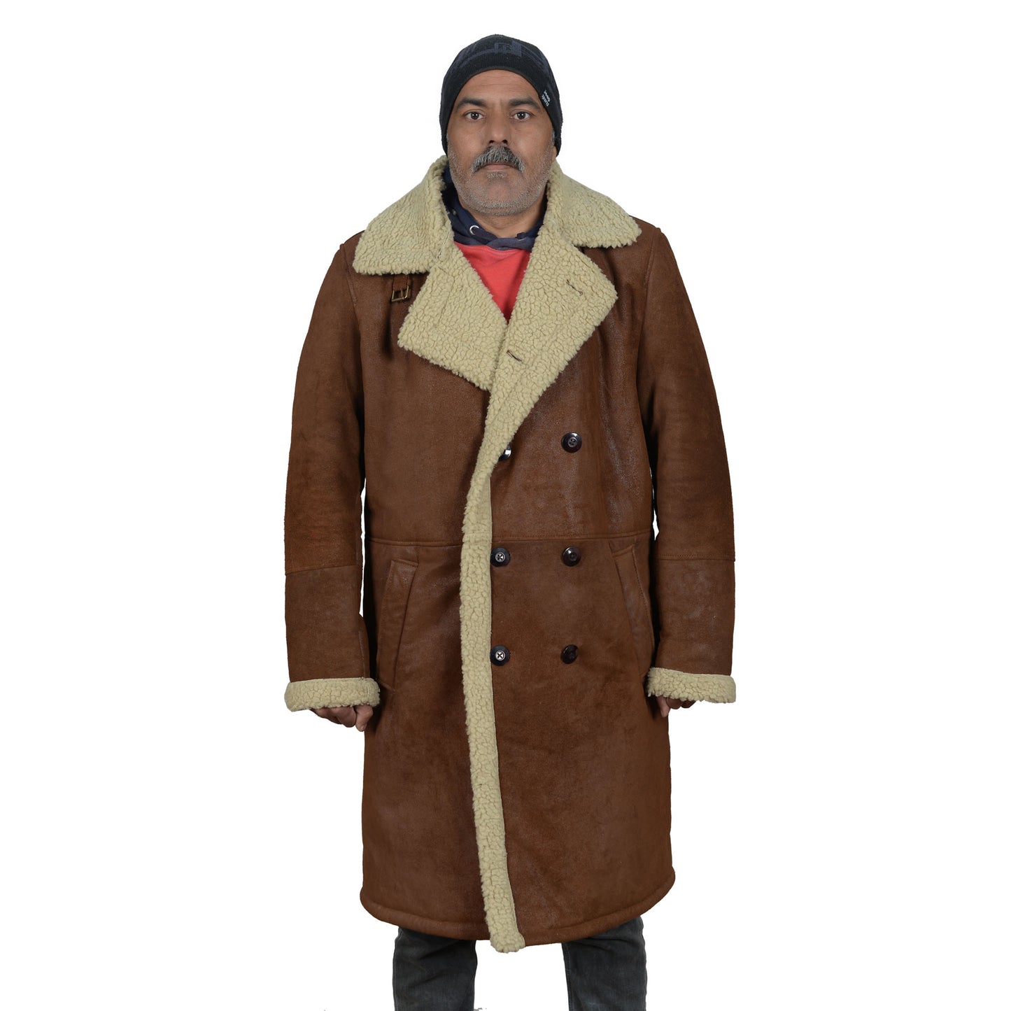 Men’s Brown Genuine Cowhide Leather Shearling Coat – Fur Lined Long Winter Jacket by London Knighthood