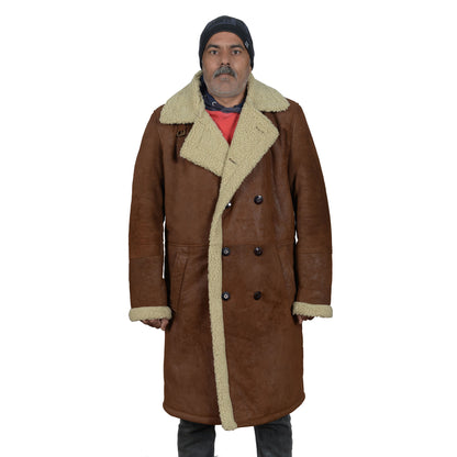 Men’s Brown Genuine Cowhide Leather Shearling Coat – Fur Lined Long Winter Jacket by London Knighthood