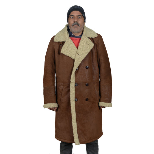 Men’s Brown Genuine Cowhide Leather Shearling Coat – Fur Lined Long Winter Jacket by London Knighthood