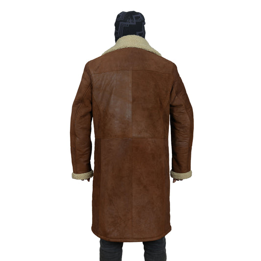 Men’s Brown Genuine Cowhide Leather Shearling Coat – Fur Lined Long Winter Jacket by London Knighthood