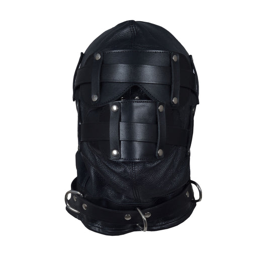 Total Sensory Deprivation Leather Bondage Hood – Full Head BDSM Mask with Padded Blindfold & Gag by London Knighthood