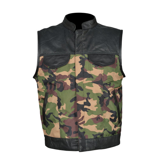 Men’s Leather Camouflage Biker Vest – Camo Motorcycle Club Waistcoat with Snap Front by London Knighthood