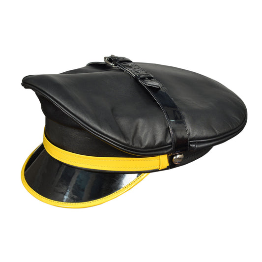 Black Leather Muir Cap with Yellow Trim – Biker Police BLUF Style Uniform Hat by London Knighthood