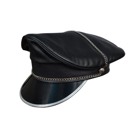 Black Leather Cap with Chain – Fetish Military Hat for BDSM Roleplay, Cosplay & Leather Fashion by London Knighthood