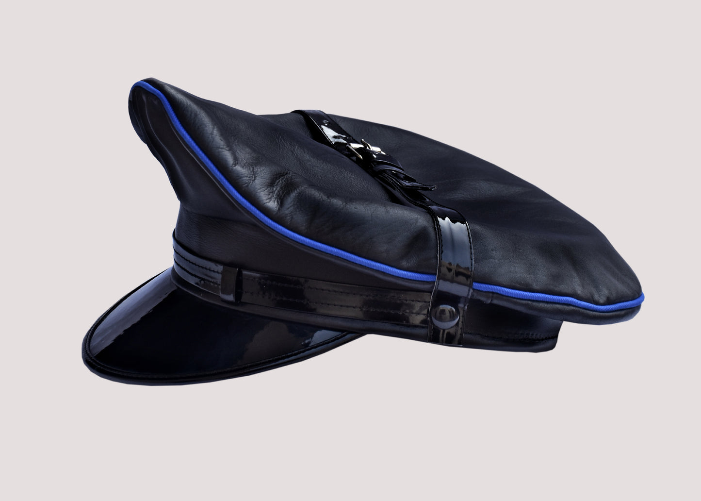 Blue Leather Muir Cap – Army Biker Police BLUF Style Peaked Fetish Hat