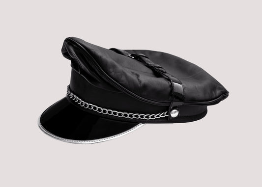 Black Leather Muir Cap with Silver Trim, Chain & Chin Strap – Biker Police Fetish Hat