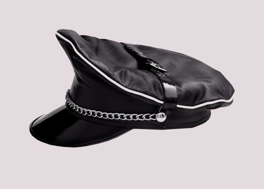Black Leather Muir Cap with White Trim, Chain & Chin Strap – Genuine Biker Police Fetish Hat