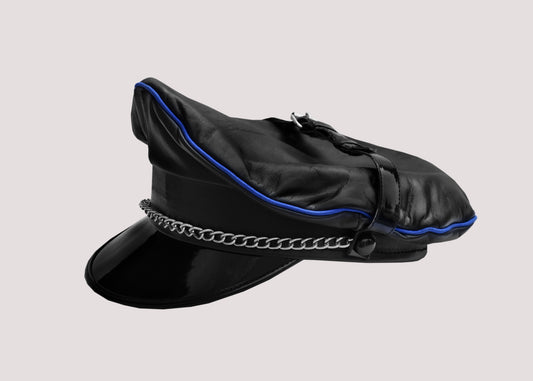 Black Leather Muir Cap with Blue Stripe & Chain – Biker Army BLUF Police Style Peaked Hat