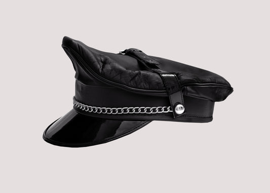 Black Leather Army Muir Biker Cap with Chin Strap & Chain – Peaked Police BLUF Style Hat