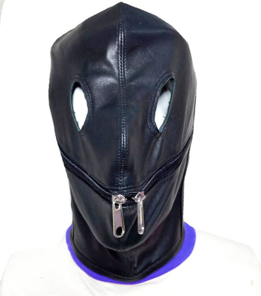 Leather Black Zipper Mouth Fetish Hood – BDSM Bondage Mask for Submissive Role Play & Sensory Control