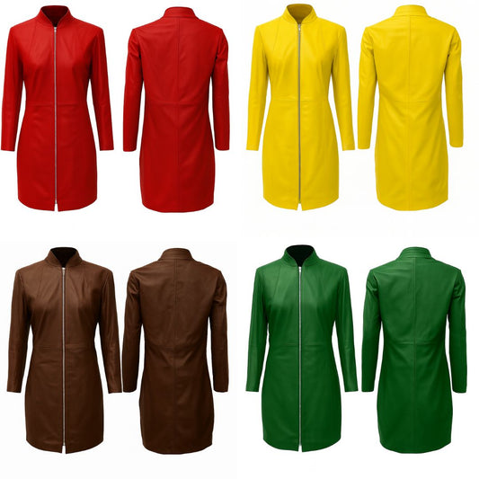 GENUINE LEATHER LADIES WOMAN SEXY PARTY FULL SLEEVE RED YELLOW BROWN GREEN DRESS